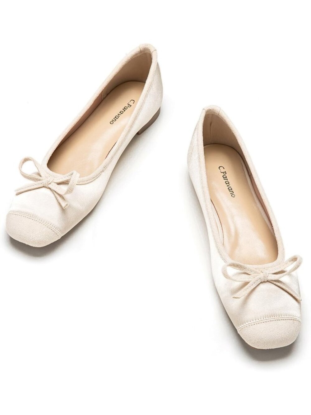 Women's Champagne Ballet Flats Square Toe Bow Slip On Dressy Flats Pull-On Shoes